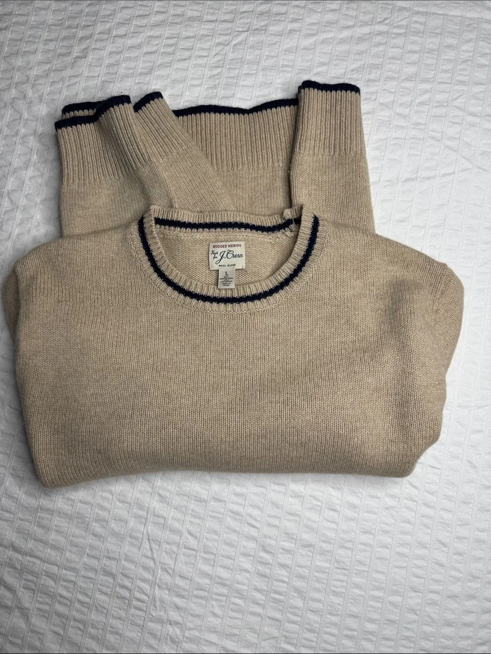J. Crew Men’s Crewneck Wool Blend Sweater in Beige with Navy Trim - Size L